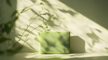 Wall Mural - green square box sits on white surface with plant and sunlight shadows.