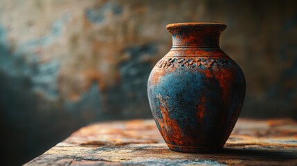 Wall Mural - A rustic clay pot on a faded wooden table, leaving negative space for additional design elements.