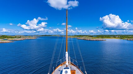 Wall Mural - Sailing into Serenity: A classic sailboat cuts through the azure waters, its mast pointing towards a tranquil archipelago under a vibrant sky, promising adventure and escape. 