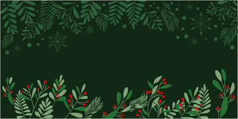 Wall Mural - Winter green and red berries decoration Christmas decoration illustration. Merry Christmas illustration decoration with natural elements. Vector illustration.