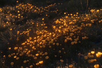 Canvas Print - A field of glowing yellow flowers illuminated by soft light.