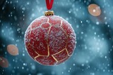 A Christmas ornament in the shape of a handball ball with a red ribbon hanging.	