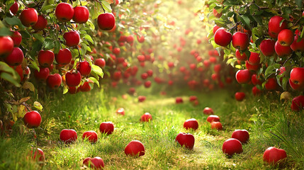 Wall Mural - Lush apple orchard with ripe red apples falling on grassy path.