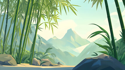 Wall Mural - Lush green bamboo forest with mountainous backdrop, illustrated in low-poly style.