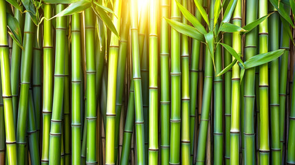 Wall Mural - lush green bamboo stalks backlit by sunlight.