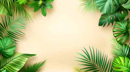 Wall Mural - lush green tropical leaves frame a beige background, creating a vibrant, natural border ideal for te