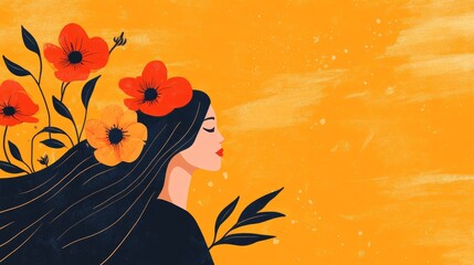 Wall Mural - Elegant Woman with Floral Accents on Vibrant Orange Background