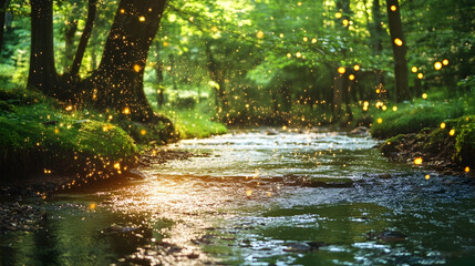 Wall Mural - Magical forest stream at sunset with fireflies.