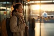 © c80 - A content traveler equipped with a backpack, basks in the gentle embrace of morning sunlight streaming through the airport terminal windows, embodying hope and serenity.