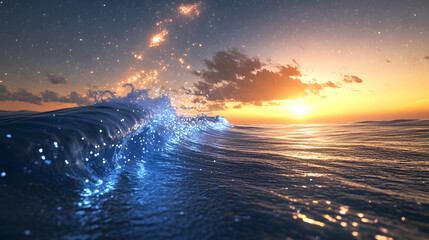 Wall Mural - Magical sunset over ocean wave with glowing particles.