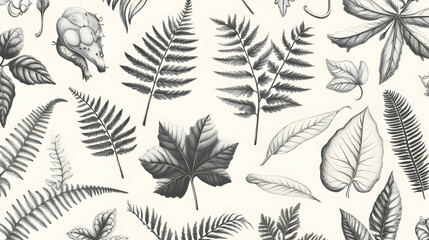 Wall Mural - monochrome botanical illustration featuring various leaves and ferns, perfect for textile design or 