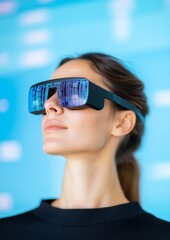 Leinwandbilder - Futuristic Businesswoman with Smart Glasses Displaying Digital Data in High-Tech Office