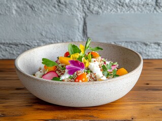 Wall Mural - Vibrant Quinoa Salad with Edible Flowers on Rustic Wooden Table in Natural Light