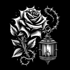 Wall Mural - A detailed illustration of a rose and lantern.