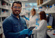 © gfx_yasir - A man in a lab coat, smiling and holding a tablet, is in a science lab with other researchers