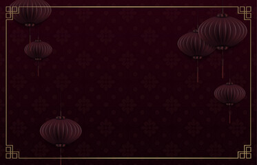 Wall Mural - Happy Chinese New Year 2025. Burgundy textured background with air lanterns.