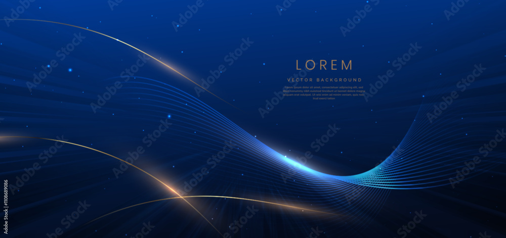 Abstract elegant dark blue background with golden curved lines and ...
