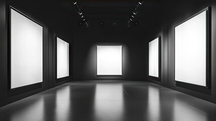 Wall Mural - Sleek monochrome gallery exuding style with spotlights illuminating the walls. This sleek monochrome gallery creates an elegant atmosphere perfect for showcasing art. Ample copy space included.