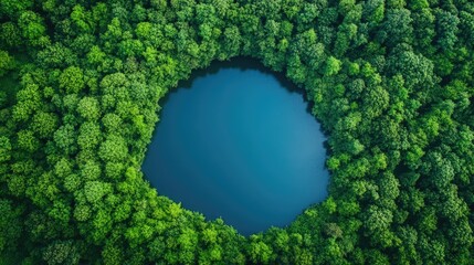 Sticker - Aerial perspective of a serene lake surrounded by lush green tree tops, capturing the tranquil beauty of nature with inviting photo style and ample copy space.