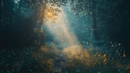 Sticker - Beautiful forest with mystical light creating an enchanting outdoor atmosphere, ideal for capturing the essence of nature with ample photo style copy space.