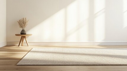 Wall Mural - Wooden floor adjacent to a light beige carpet creates an inviting atmosphere. The contrast of the wooden floor and the light beige carpet offers ample photo style copy space.