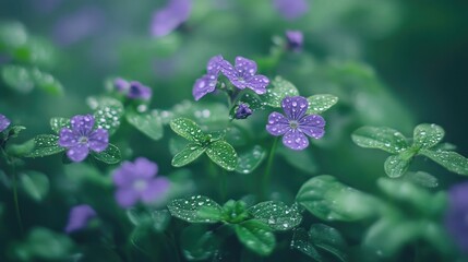 Wall Mural - Delicate small purple flowers bloom on a green plant, creating a beautiful natural display. The vibrant purple flowers add charm to the scene, emphasizing their fresh appearance and unique beauty.