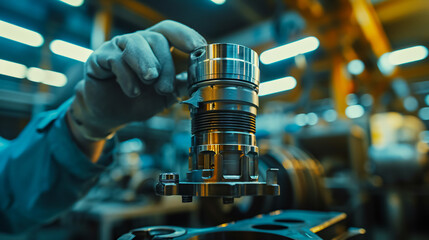 Car mechanic holding a new piston: For the engine overhaul. Engine on a repair stand with piston and connecting rod of automotive technology. Interior of a car repair shop.