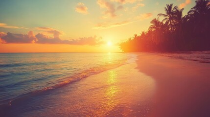 Sticker - Tranquil sunset casts a warm glow over a tropical beach, creating a serene atmosphere perfect for a peaceful tropical getaway. Scenic views offer ample photo style copy space.