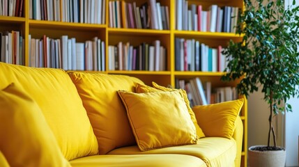 Wall Mural - Bright home interior with a yellow couch, complemented by shelves filled with books, creating an inviting space. The photo offers ample copy space, ideal for your design projects.