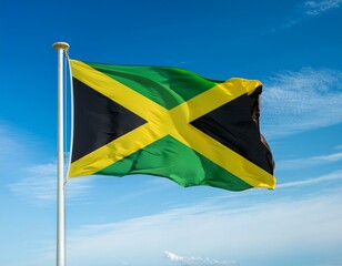 Jamaica flag waving in the wind against a blue sky background