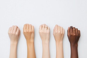 A diverse array of hands with clenched fists, showcasing different skin tones, symbolizing unity and strength.