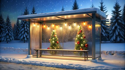 Wall Mural - Cozy Bus Stop with Holiday Decor in Winter Scene