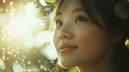 Poster - Young Woman Gazing Upwards Sunlit Outdoors