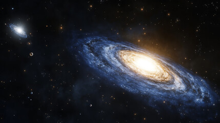 Wall Mural - Blue nebula, spiral galaxy with glowing planets and stars. Space twisted andromeda system with white hole and milky way, deep cosmos with interstellar dust, abstract realistic vector on transparent