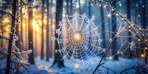 Wall Mural - Frosty Spiderweb in Forest during Sunrise