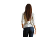 © peshkova - Rear view of a woman in casual jeans and a white top, long hair flowing, isolated on a clean white background. Concept of fashion and simplicity