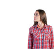 © peshkova - Woman in a red plaid shirt looking sideways, isolated on a white background. Closeup view. Perfect for presentation or design layouts