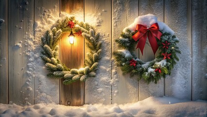 Wall Mural - Cozy Winter Wreaths on Snowy Wooden Wall