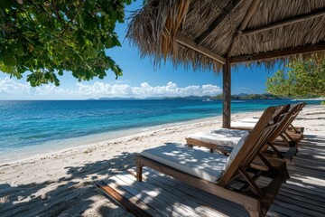 Wall Mural - A beach with a wooden hut and several lounge chairs