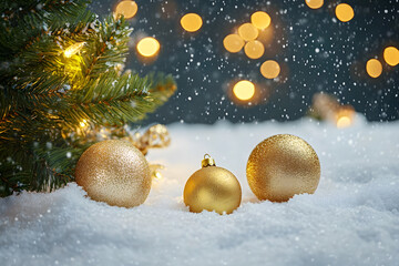 Wall Mural - Christmas Holiday background with snow, fir tree and decorations with christmas light behind. Christmas golden balls on a winter festive background.