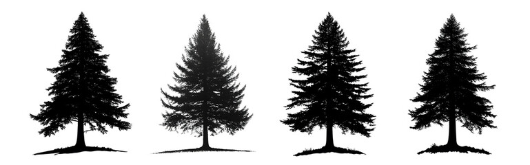 set of silhouettes of trees, fir or pine.