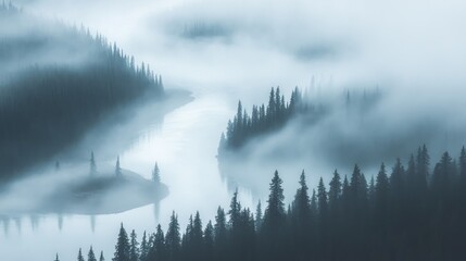 Canvas Print - Misty River Winding Through Foggy Evergreen Forest