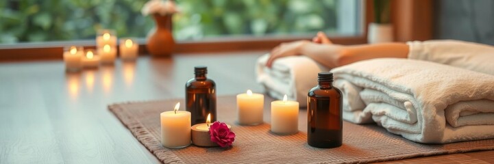 Spa massage treatment setting with white towels, lit candles, and bamboo mat, massage, luxury