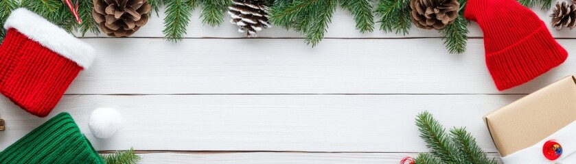 Wall Mural - Sparkling christmas decorations on rustic white wooden background for the holiday season