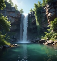 Wall Mural - A serene waterfall cascades into a tranquil lake, water, lake, spring