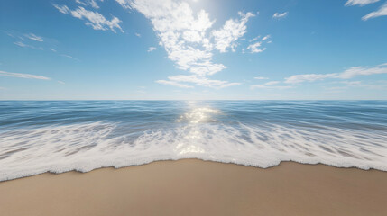 Wall Mural - Serene beach scene with gentle waves lapping on sandy shore under a bright sunny sky with fluffy clouds.