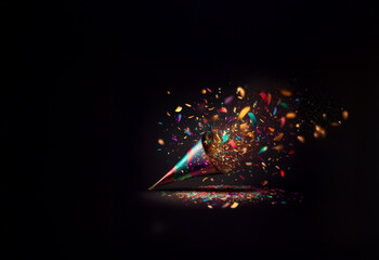 Poster - A party horn bursts, showering vibrant confetti across a dark background.  The metallic horn and colorful paper create a festive, celebratory scene.