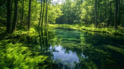 Poster - Serene forest spring with crystal-clear water, lush greenery, and sunlit trees reflecting on the surface.