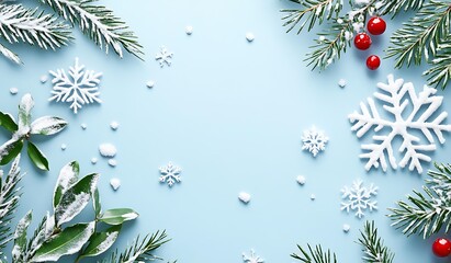 Poster - A serene winter scene featuring snowflakes, evergreen branches, and red berries on a light blue background, perfect for holiday themes.