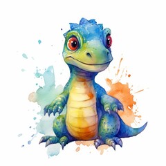 Wall Mural - Cute baby dinosaur in blue colors, watercolor style. AI generate illustration